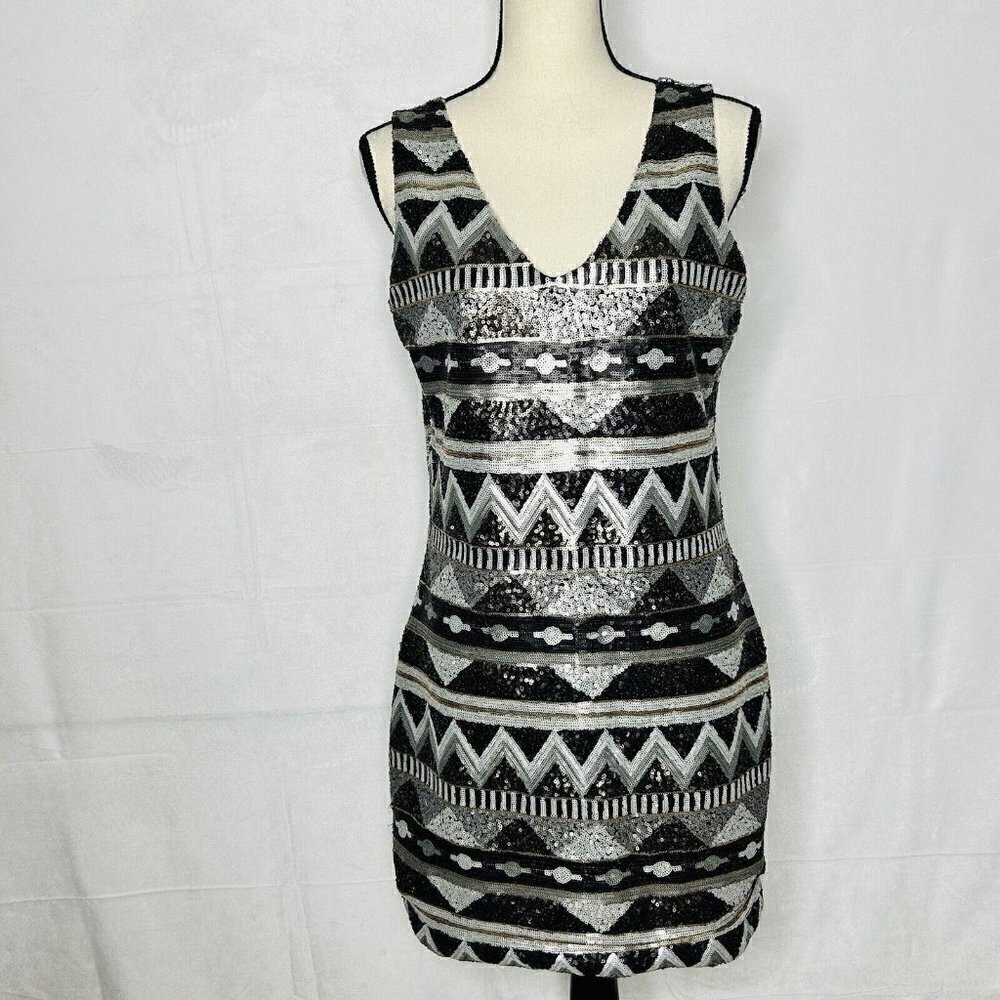 One Love Clothing Sequin V-Neck Minidress Aztec Silver Black Gold Women's Sz M